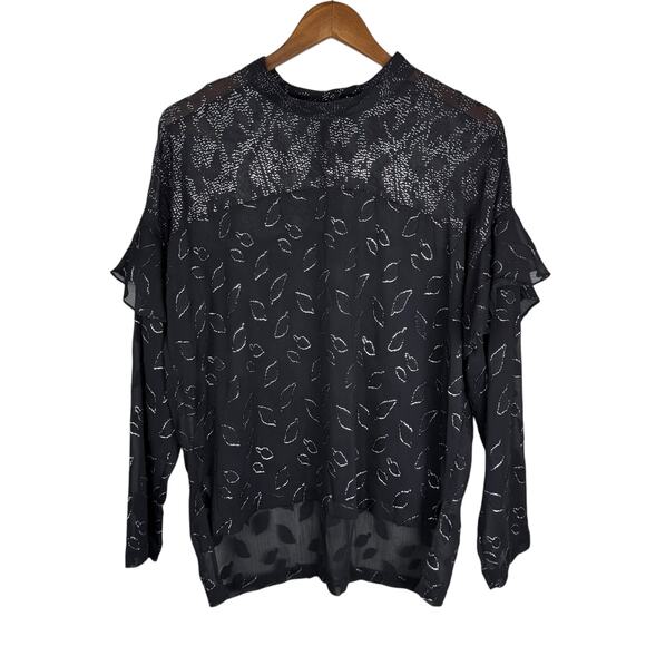 BCBGMaxazria Black Sheer Chiffon Silver Metallic Leaf Print High Neck Blouse - Picture 12 of 15